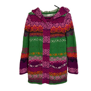 Odd Molly Hooded Cardigan sweater Womens Size 2 Snap Kantha Floral Knit Boho